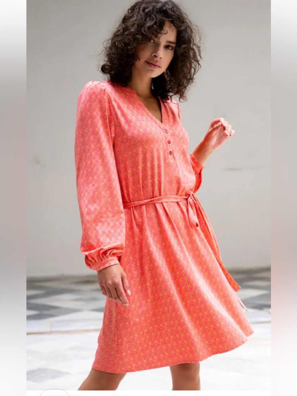NWT ESQUALO Coral Pink Chain Links Printed Long-Sleeve Tie-Waist Mini Dress L